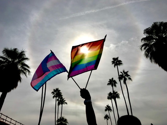 Pride Flag and Trans Pride Flag raised in sky with cloudy background and palm trees