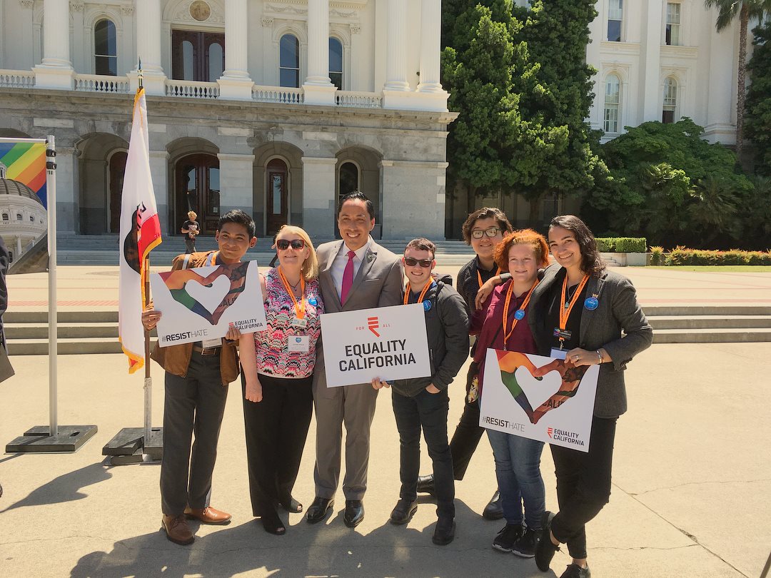 Pride Staff, Community Partners, and San Diego elected officials with Equality California signs