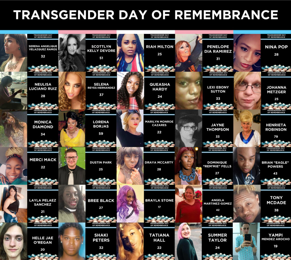 A collage of lives lost to trans violence. Title reads: Transgender Day of Remembrance. End Image Description.