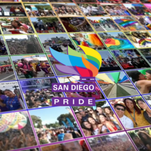 San Diego Pride Logo with tiled pictures behind