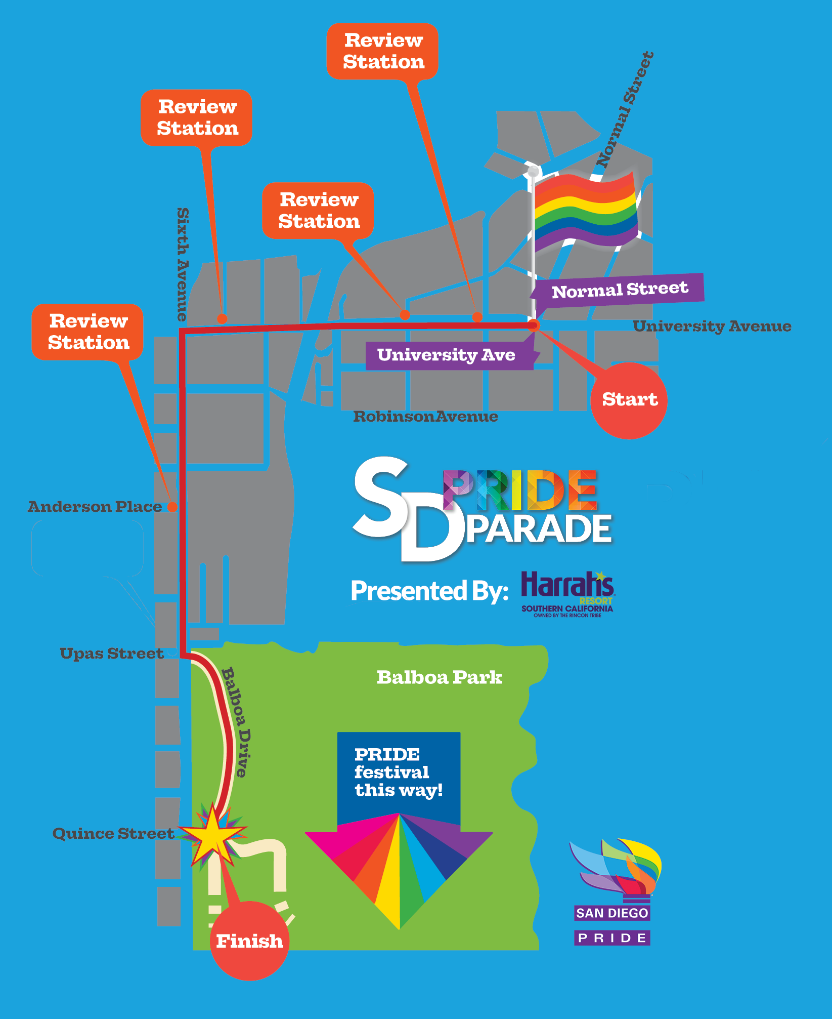 A map of the 2023 San Diego Pride Parade.