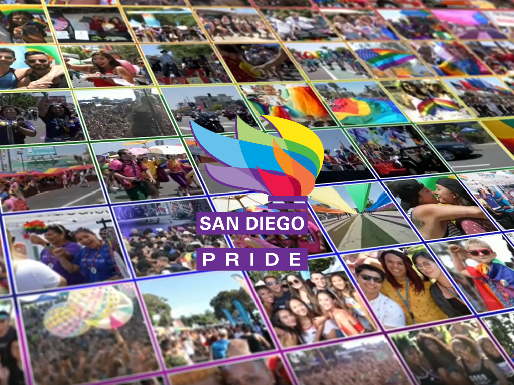 San Diego Pride logo with various pictures in background