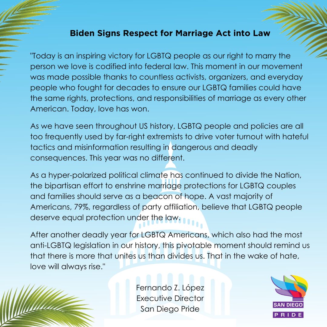 Biden Signs Respect For Marriage Act Into Law San Diego Pride