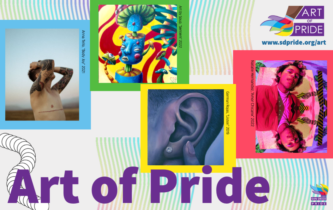 Art of Pride Flyer featuring art from emerging artist show and Art of Pride logo